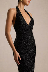 Gio | Black Sequin Plunge-Neck Wrap Maxi Dress With Ruched Detailing
