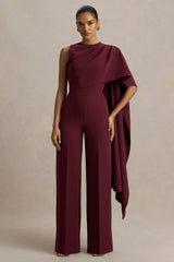 Sorenia | Burgundy High-Neck Jumpsuit With One-Cape Sleeve