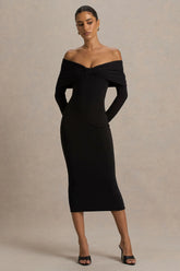 Spark | Black Bardot-Neck Midi Dress With Bow Detail