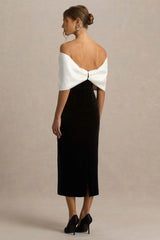 Twilight | Black And White Velvet Bardot-Neck Midi Dress With Oversized Bow