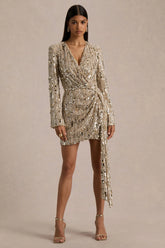 Carmina | Gold Sequin Plunge-Neck Wrap Mini Dress With Sash Detail