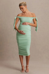 Chandelier | Light Green Bardot Maternity Midi Dress With Bow Details