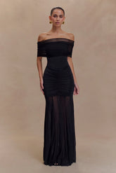 Caspian Slinky And Mesh Off Shoulder Maxi Dress - Black