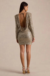 Mercedes | Champagne Sequin Boat-Neck Mini Dress With Long-Sleeves And Draped Detailing