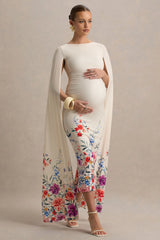 Providence | Light Pink Floral Print Boat-Neck Maternity Midi Dress With Cape Sleeves