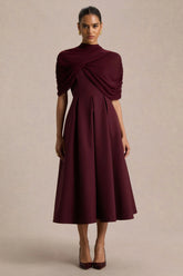 Thalia | Burgundy High-Neck Midi Dress With Sheer Mesh Cape