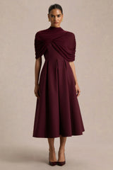 Thalia | Burgundy High-Neck Midi Dress With Sheer Mesh Cape