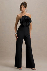 Opia | Black Bandeau Wide-Leg Jumpsuit With Large Floral Corsage