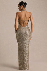 Gio | Champagne Sequin Plunge-Neck Wrap Maxi Dress With Ruched Detailing