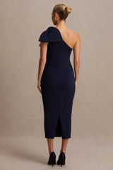 Adorn | Navy Asymmetric Maternity Midi Dress With Shoulder Bow Detail