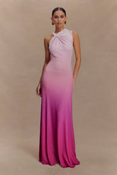 Marlee Asymmetrical Slinky Maxi Dress - Ombre Pink