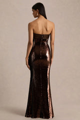 Leona | Brown Sequin Bandeau Maxi Dress With Satin Trim