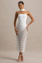 Tamala | White High-Neck Midi Dress With Lace Skirt
