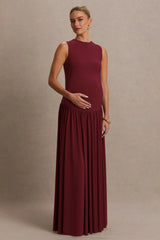 Outline | Burgundy High-Neck Maternity Maxi Dress With Draped Skirt