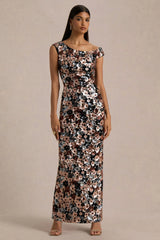 Electric | Black Sequin Floral Velvet Asymmetric-Neck Maxi Dress