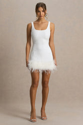 Rosalinda | White Sequin Square-Neck Mini Dress With Feather Trim