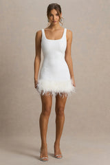 Rosalinda | White Sequin Square-Neck Mini Dress With Feather Trim