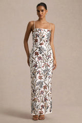 Kyle | Cream Sequin Floral Embellished Square-Neck Maxi Dress