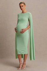 Providence | Light Green High-Neck Maternity Midi Dress With Cape Sleeves