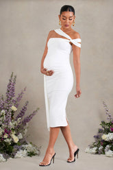 Just Wait | White Asymmetric Strappy Maternity Midi Dress With Drape