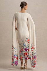 Providence | Light Pink Floral Print Boat-Neck Maternity Midi Dress With Cape Sleeves