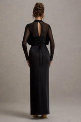 Alder | Black Mesh Long-Sleeve Ruffled Split Maxi Dress
