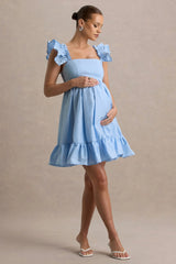 Dolly Daze | Powder Blue Ruffle Sleeve Babydoll Maternity Mini Dress