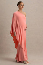 Waves | Coral Asymmetric Maternity Maxi Dress With One-Sleeve Cape