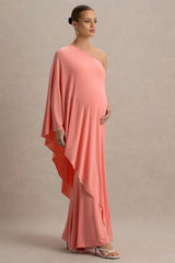 Waves | Coral Asymmetric Maternity Maxi Dress With One-Sleeve Cape