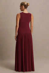 Outline | Burgundy High-Neck Maternity Maxi Dress With Draped Skirt