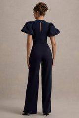 Dillon | Navy Puff-Sleeve Straight-Leg Jumpsuit
