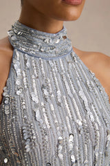 Zaira | Silver Sequin High-Neck Maxi Dress With Open-Back