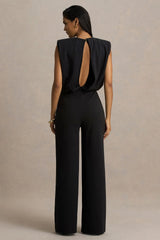 Tiff | Black Crew-Neck Jumpsuit With Draped Detailing