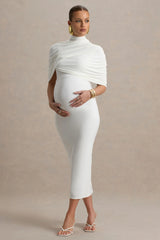 Augustina | White Maternity Midi Dress With Cape