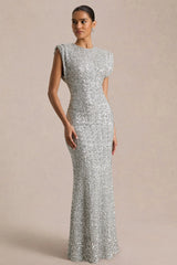 Aurah | Silver Sequin Crew-Neck Maxi Dress With Cap Sleeves