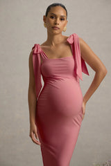 Linnie | Pink Square-Neck Maternity Midi Dress With Bow Straps