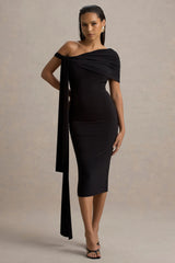 Vallea | Black One-Shoulder Draped Midi Dress