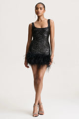 Rosalinda | Black Sequin Square-Neck Mini Dress With Feather Trim