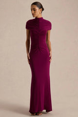 Azaria | Burgundy High-Neck Maxi Dress With Ruched Detailing