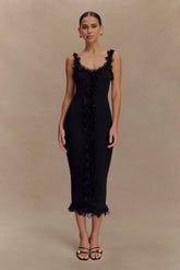 Shay Lace Ruffle Knit Midi Dress - Black