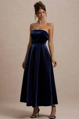 Addina | Navy Velvet Bandeau Skater Midi Dress