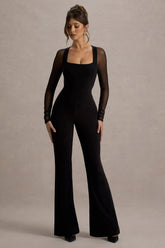 On Track | Black Flared-Leg Jumpsuit With Sheer Sleeves