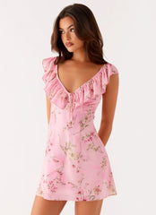 Adrina Ruffle Mini Dress - Pink Floral Print