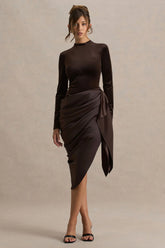 Sasha | Brown Satin And Velvet Midi Dress With Wrap-Detail