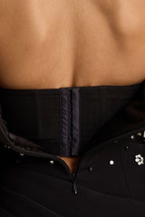 Sylvia | Black Hand-Embellished Bardot-Neck Midi Dress With Draped Satin-Wrap Skirt