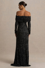 Obsession | Black Sequin Bardot-Neck Maxi Dress With Long Sleeves