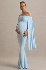 Aquila | Powder Blue Bardot Maternity Maxi Dress With Drape Sleeve