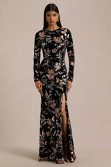 Lyric | Black Floral Velvet And Sequin High-Neck Maxi Dress