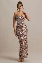 Vitora | Red Floral Sequin Square-Neck Maxi Dress