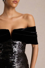Bex | Black Sequin Bardot-Neck Maxi Dress